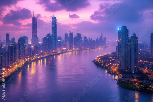 Wallpaper Mural A vibrant city skyline at dusk, reflecting lights on a river, creating a serene atmosphere. Torontodigital.ca