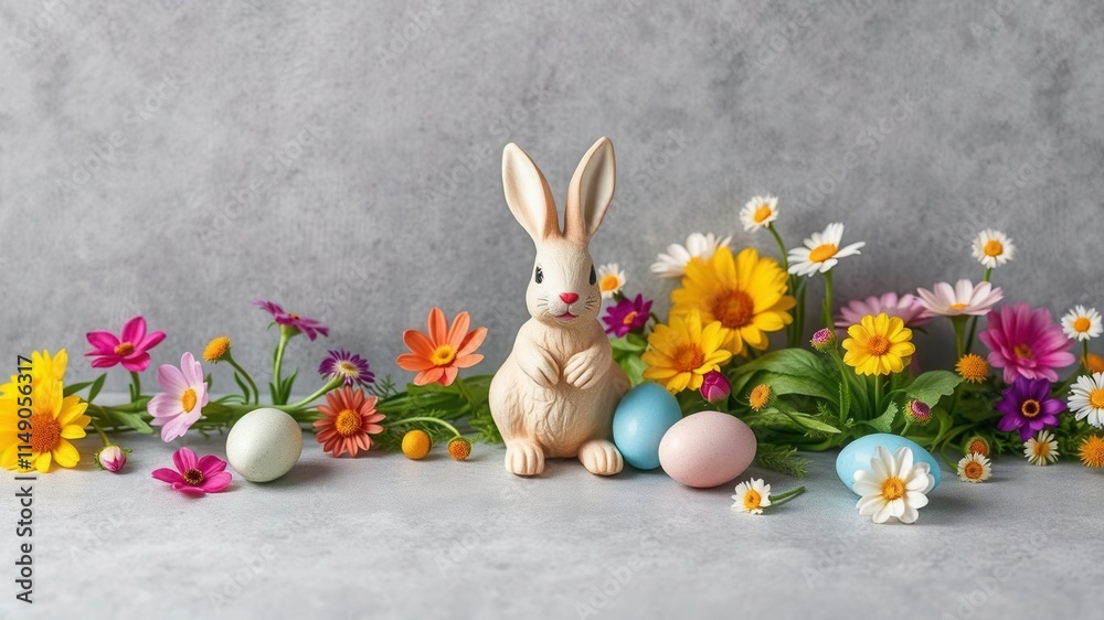 Obraz premium Easter eggs, bunny figurine, flowers on grey concrete background, figurine, holiday, rabbit