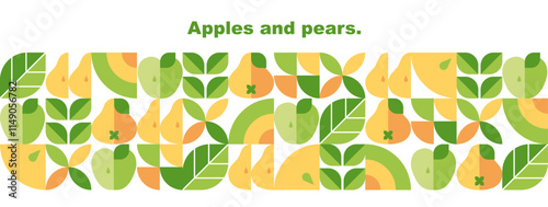 Apples and pears. Abstract geometric design with fruits, leaves and slices.Set of icons in simple flat style. Elements isolated on a white background. Organic food. Vector illustration.