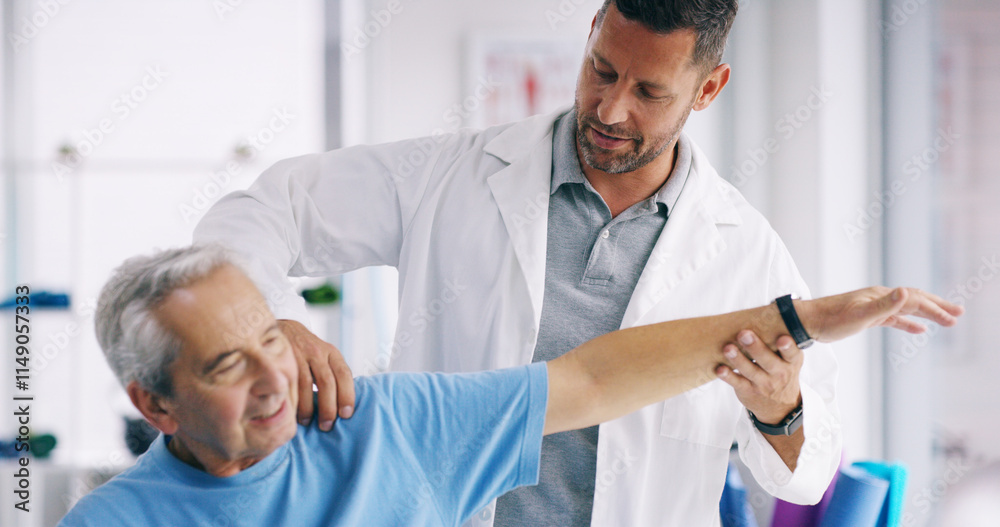Fototapeta premium Senior person, stretching arm and man in physiotherapy for help, recovery or exercise for healing. Elderly patient, chiropractor or exam in practice for muscle care, strengthen shoulder or healthcare