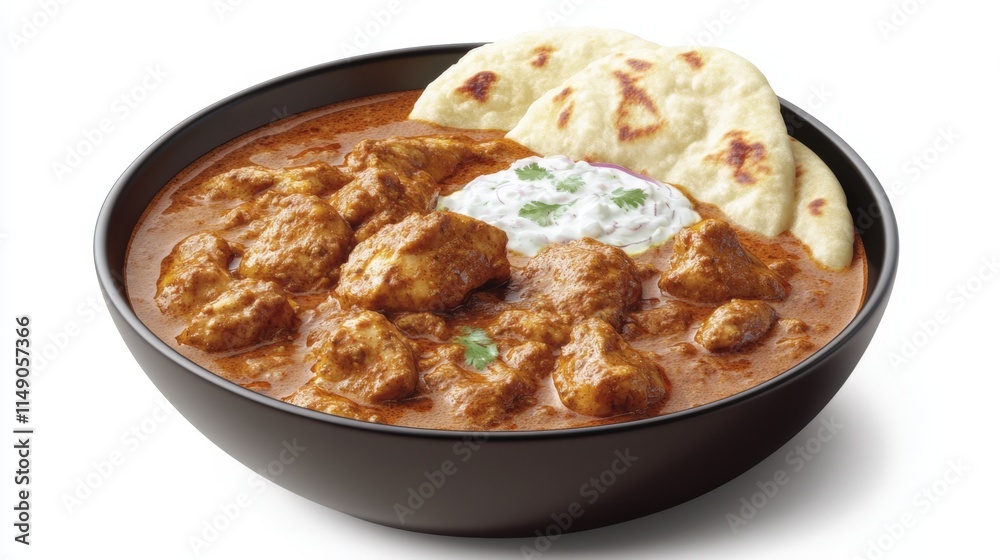 Chicken Tikka Masala in bowl with naan bread and yogurt sauce. Chicken Tikka Masala in bowl with naan bread and yogurt sauce.