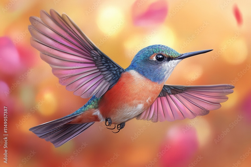 Fototapeta premium A vibrant hummingbird in mid-flight, showcasing colorful plumage against a soft background.