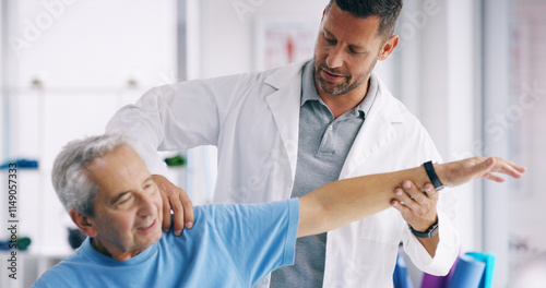Senior person, stretching arm and man in physiotherapy for help, recovery or exercise for healing. Elderly patient, chiropractor or exam in practice for muscle care, strengthen shoulder or healthcare