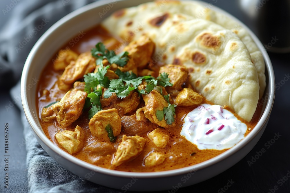 Creamy chicken tikka masala with naan bread and raita. Creamy chicken tikka masala with naan bread and raita.