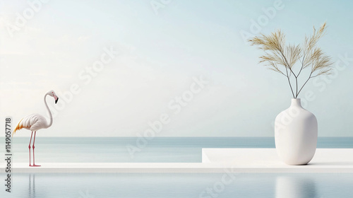 legant Flamingo Standing by Infinity Pool with Golden Vase and Ocean View photo