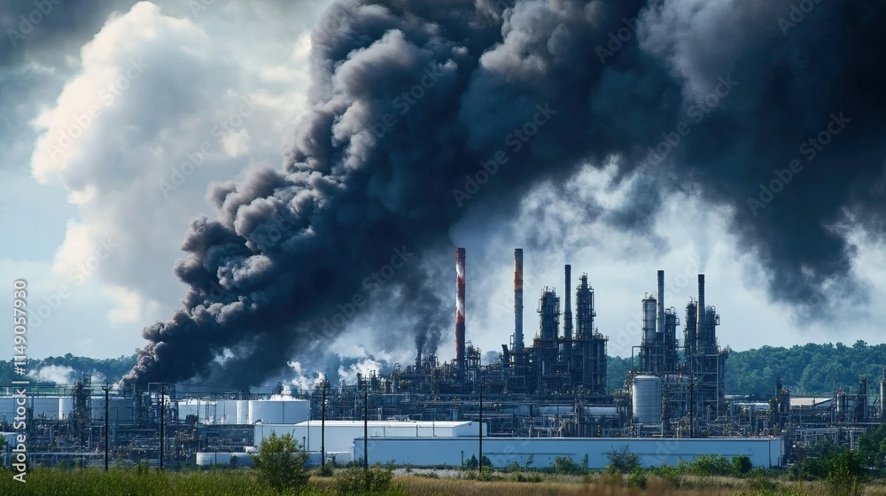 Dense smoke from industrial factory stacks polluting the sky, highlighting issues of ecology and environmental pollution Dense smoke from industrial factory stacks polluting the sky, highlighting issues of ecology and environmental pollution