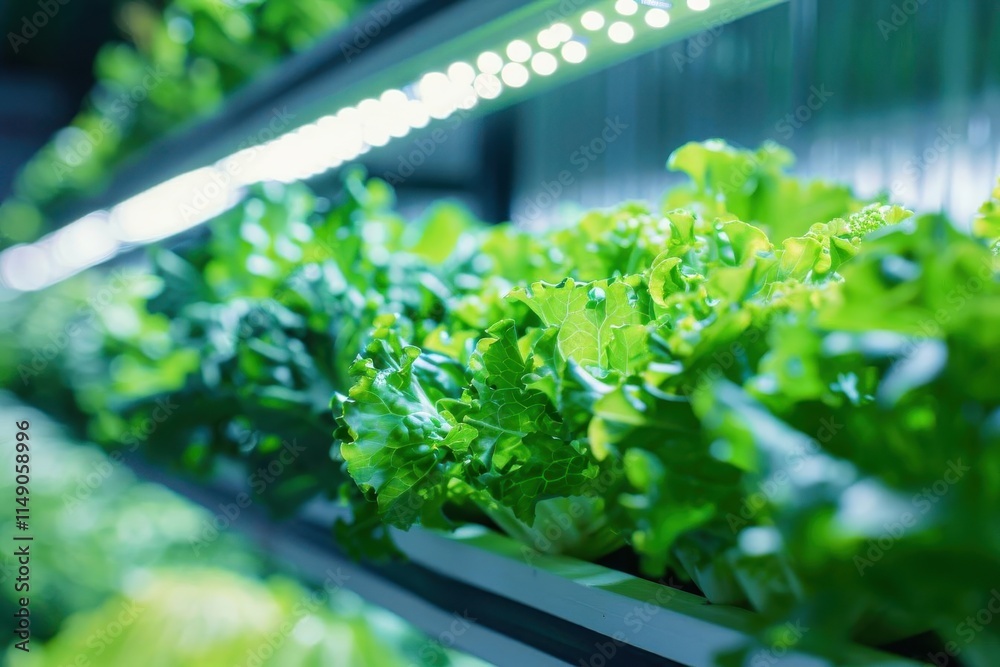 A close-up of vibrant green lettuce growing under LED lights in a controlled environment. A close-up of vibrant green lettuce growing under LED lights in a controlled environment.