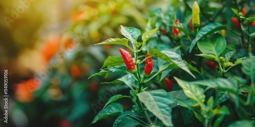 A close-up of vibrant red chili peppers growing on green plants in a lush garden.