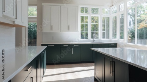 Simple modern kitchen with white and dark green cabinets. Featuring a clean, bright design with minimal decoration