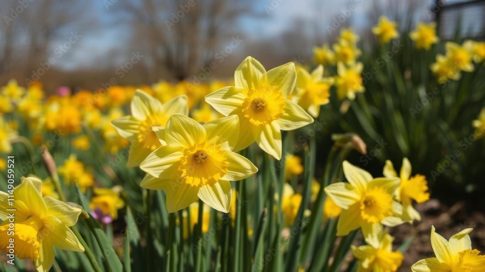 Fototapeta premium Beautiful daffodil flowers blooming in a vast field under the bright sun, spring, meadow