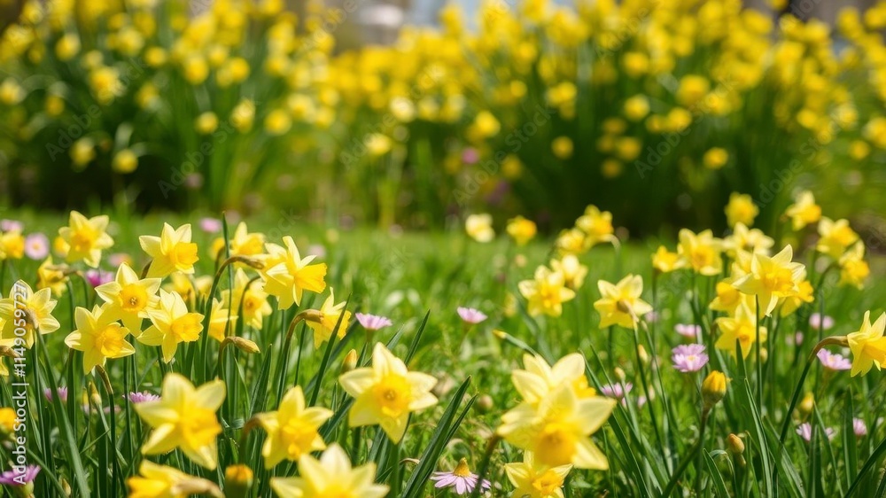 Bright yellow daffodil flowers covering a vast field under a clear blue sky, growth, meadow Bright yellow daffodil flowers covering a vast field under a clear blue sky, growth, meadow