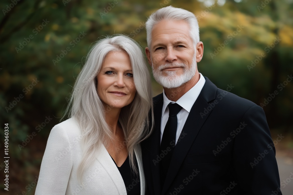 A man and woman are posing for a picture in a forest. The man is wearing a black suit and tie, while the woman is wearing a white jacket. They both have a smile on their faces A man and woman are posing for a picture in a forest. The man is wearing a black suit and tie, while the woman is wearing a white jacket. They both have a smile on their faces