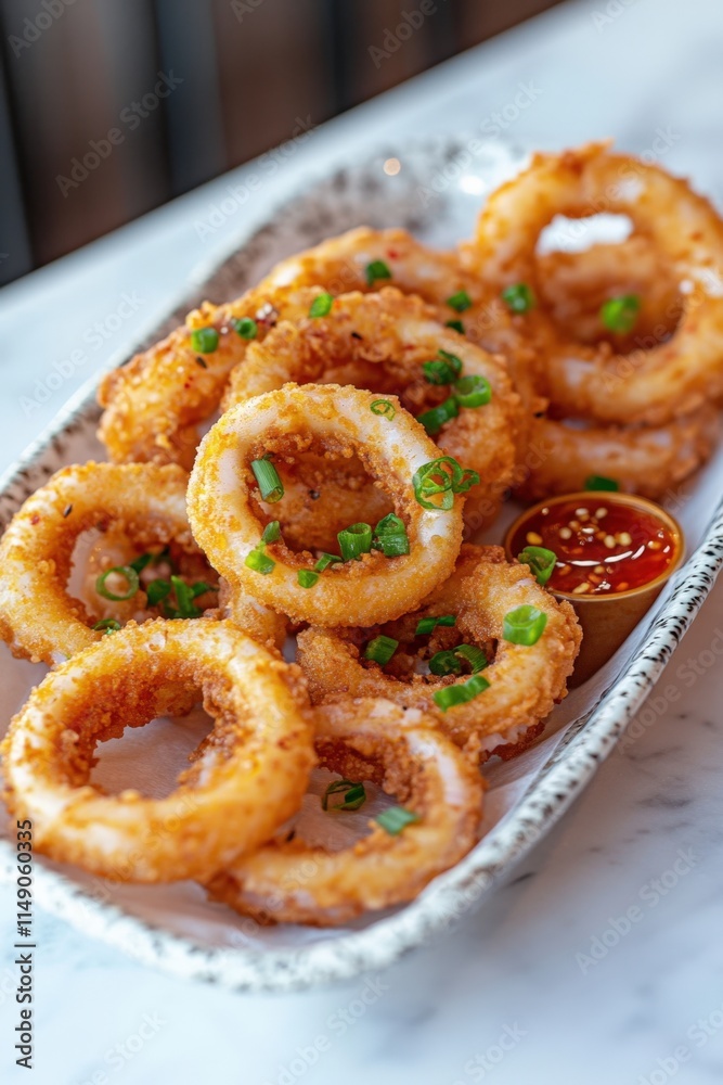 Crispy fried calamari rings with a spicy dipping sauce, garnished with green onions, served on a rustic white platter. Crispy fried calamari rings with a spicy dipping sauce, garnished with green onions, served on a rustic white platter.