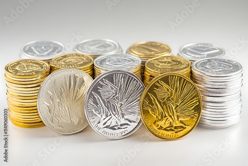 gold and silver coins in a savings jar isolated on white background photo