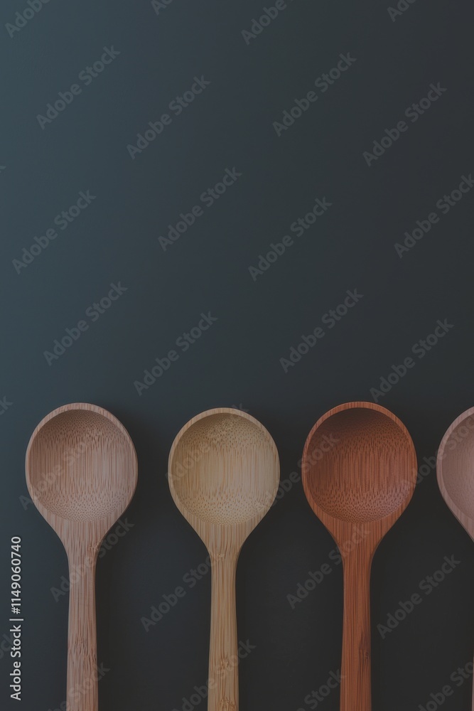 A Beautiful Collection of Different Wooden Spoons Artistically Presented on a Dark Background A Beautiful Collection of Different Wooden Spoons Artistically Presented on a Dark Background