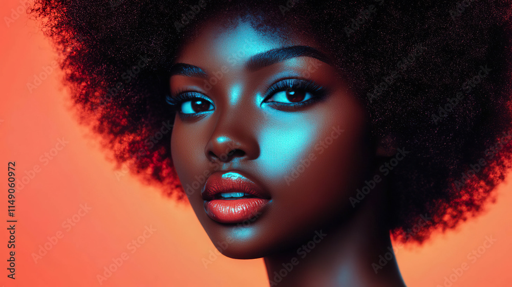 Fototapeta premium Artistic portrait of an afro woman with radiant skin, illuminated by blue and orange lights, emphasizing her beauty. Generated with AI.
