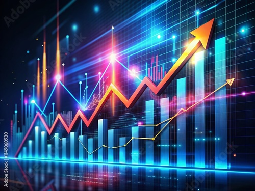 Futuristic Financial Growth: Rising Arrows & Glowing Lines Chart - Stock Photo