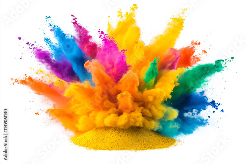 Vibrant Explosion of Colorful Powder Against a White Background for Holi Celebrations