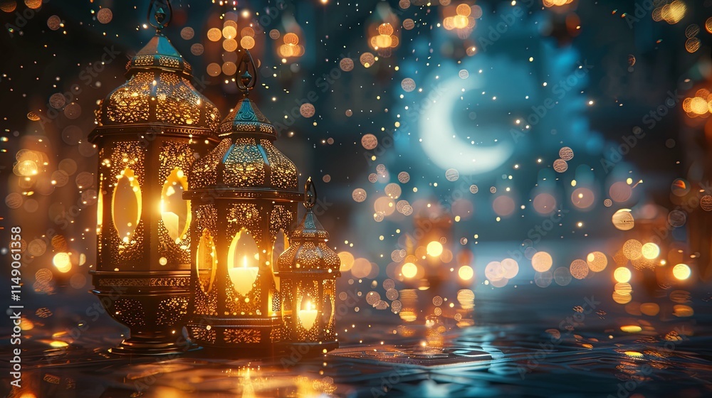 Illuminated Moroccan Lanterns with Crescent Moon and Sparkling Lights Illuminated Moroccan Lanterns with Crescent Moon and Sparkling Lights
