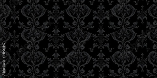 Intricate seamless gothic damask wallpaper design, ornate, black, design