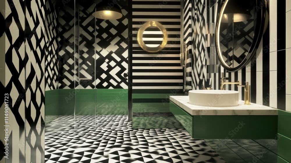 Obraz premium Modern bathroom with patterned tiles and golden mirror.