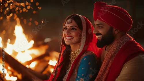 Lohri, Makarsakranti, Indian Festival, Indian Couple wearing traditional attire, Celebration, Sikh Couple. photo