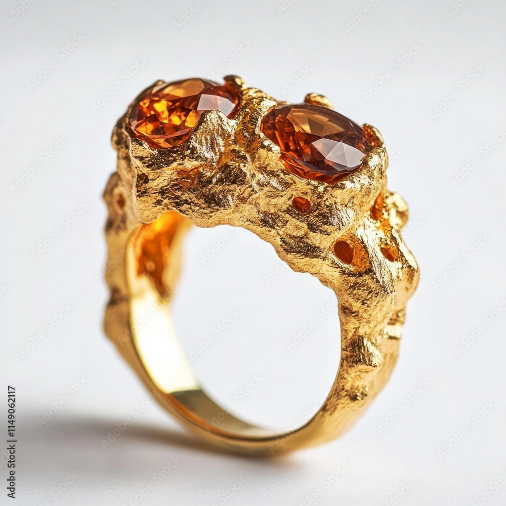 Exquisite gold ring with amber gemstones and organic texture Exquisite gold ring with amber gemstones and organic texture