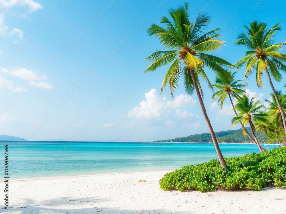 Fototapeta premium Serene tropical beach landscape with palm trees, crystal clear turquoise water, and golden sand, nature, peaceful, paradise