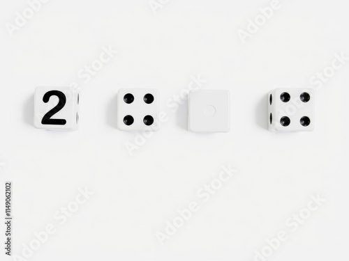 White dice isolated on a pure white background, showing numbers one to six in a sleek and minimalistic design, two, four, background photo