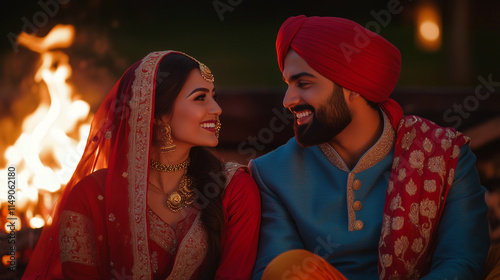 Lohri, Makarsakranti, Indian Festival, Indian Couple wearing traditional attire, Celebration, Sikh Couple. photo