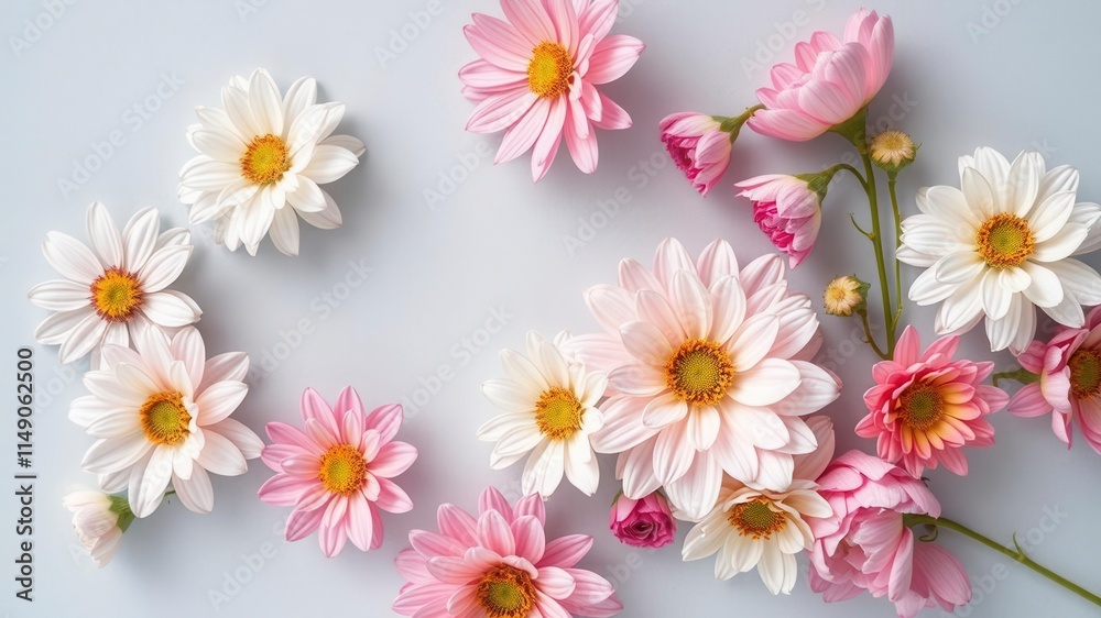 Vibrant spring flowers in full bloom against a soft pastel paper background, flora, colorful Vibrant spring flowers in full bloom against a soft pastel paper background, flora, colorful