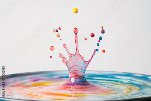 A high-speed photograph of a colorful paint splash captured in mid-air with scattered droplets creating a vibrant and artistic abstract effect  
 photo