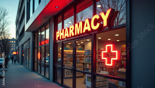 Exterior view of a modern pharmacy - Generative AI