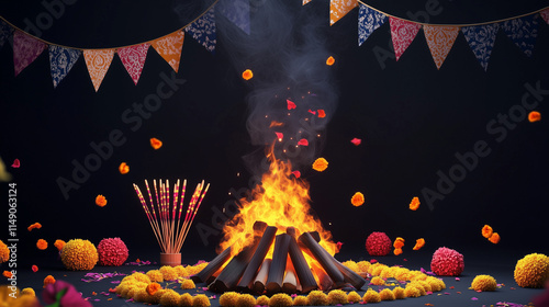 Lohri, Makarsakranti, Indian Festival, Bonfire with Marigold Flowers, decorations, dark background photo