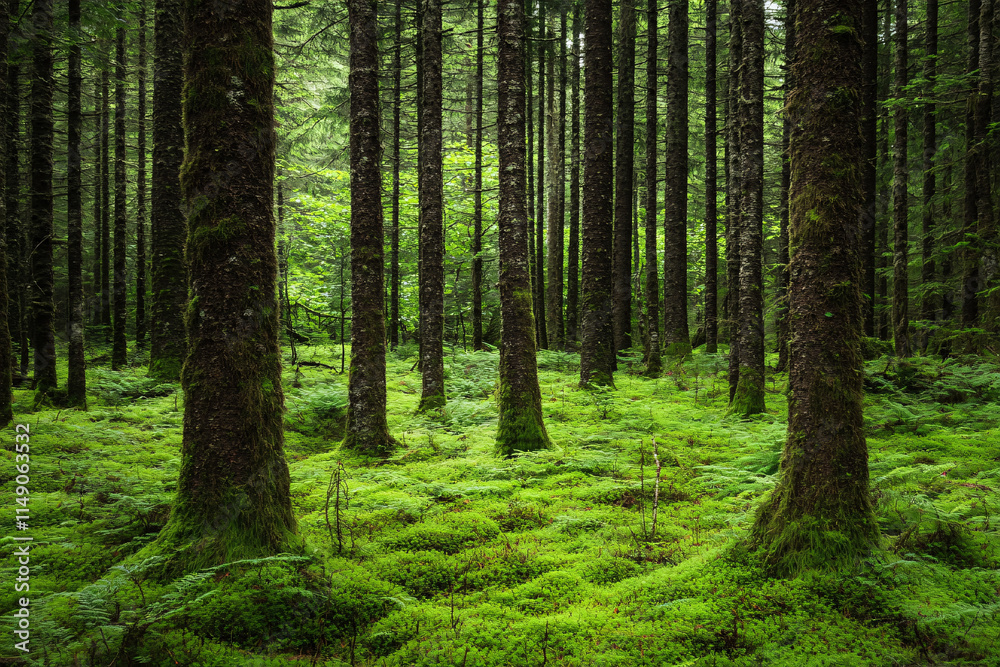 Fototapeta premium A lush green forest with tall trees covered in moss and a soft carpeted ground creating a peaceful and untouched natural landscape 