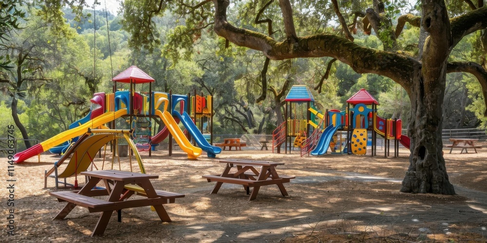 custom made wallpaper toronto digitalA colorful playground with slides and picnic tables in a natural setting.