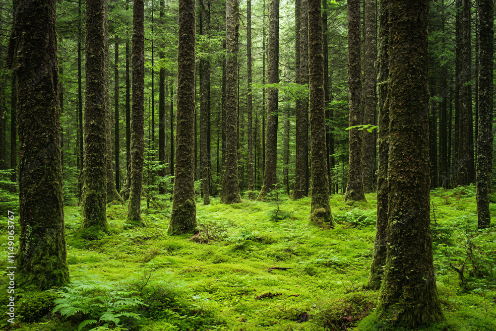 a lush green forest with tall moss-covered trees and a vibrant carpet of ferns in a serene natural environment
a lush green forest with tall moss-covered trees and a vibrant carpet of ferns in a serene natural environment