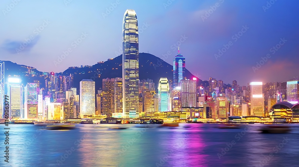 Fototapeta premium Vibrant Hong Kong skyline at twilight, illuminated skyscrapers and harbor.