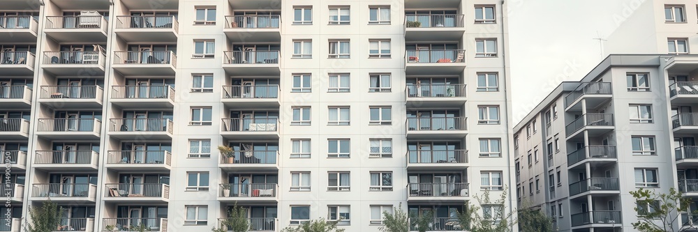 Modern module apartment block with sleek design and modular units, facade, contemporary, balconies Modern module apartment block with sleek design and modular units, facade, contemporary, balconies
