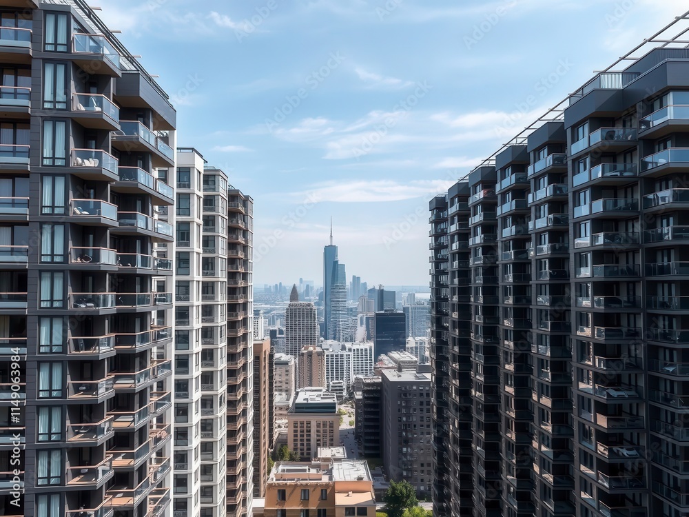 Naklejka premium Modern module apartment block with sleek design and modular units, real estate, high rise, windows