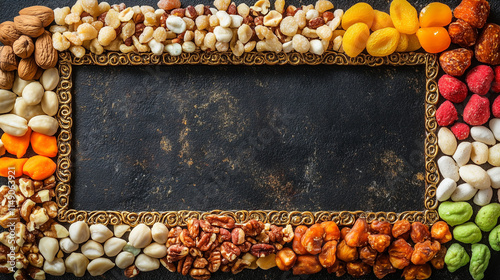 Lohri, Makarsakranti, Indian Festival, frame made of nuts, dried fruits, and candies on a dark background with copy space for text photo
