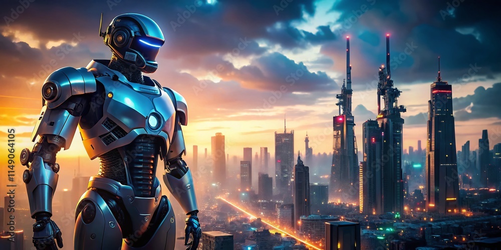 Naklejka premium Futuristic Robot City Guardian: AI Generated Sci-Fi Artwork, Cyberpunk Cityscape, Giant Robot, Mechs, Technological Defense