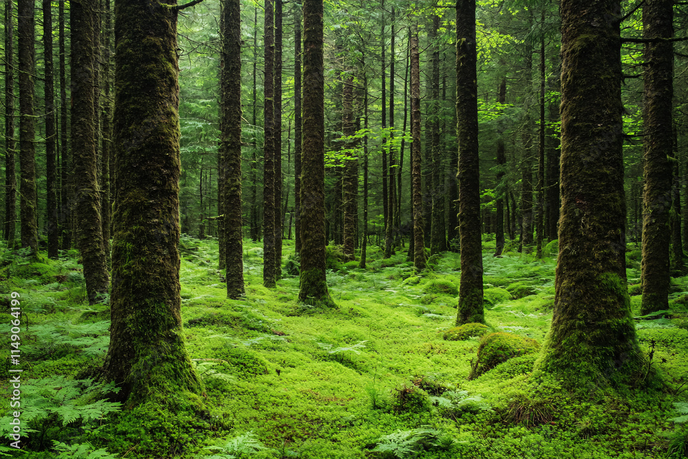 Fototapeta premium A dense green forest with tall moss-covered trees and a lush fern-covered floor creating a vibrant and peaceful natural atmosphere 