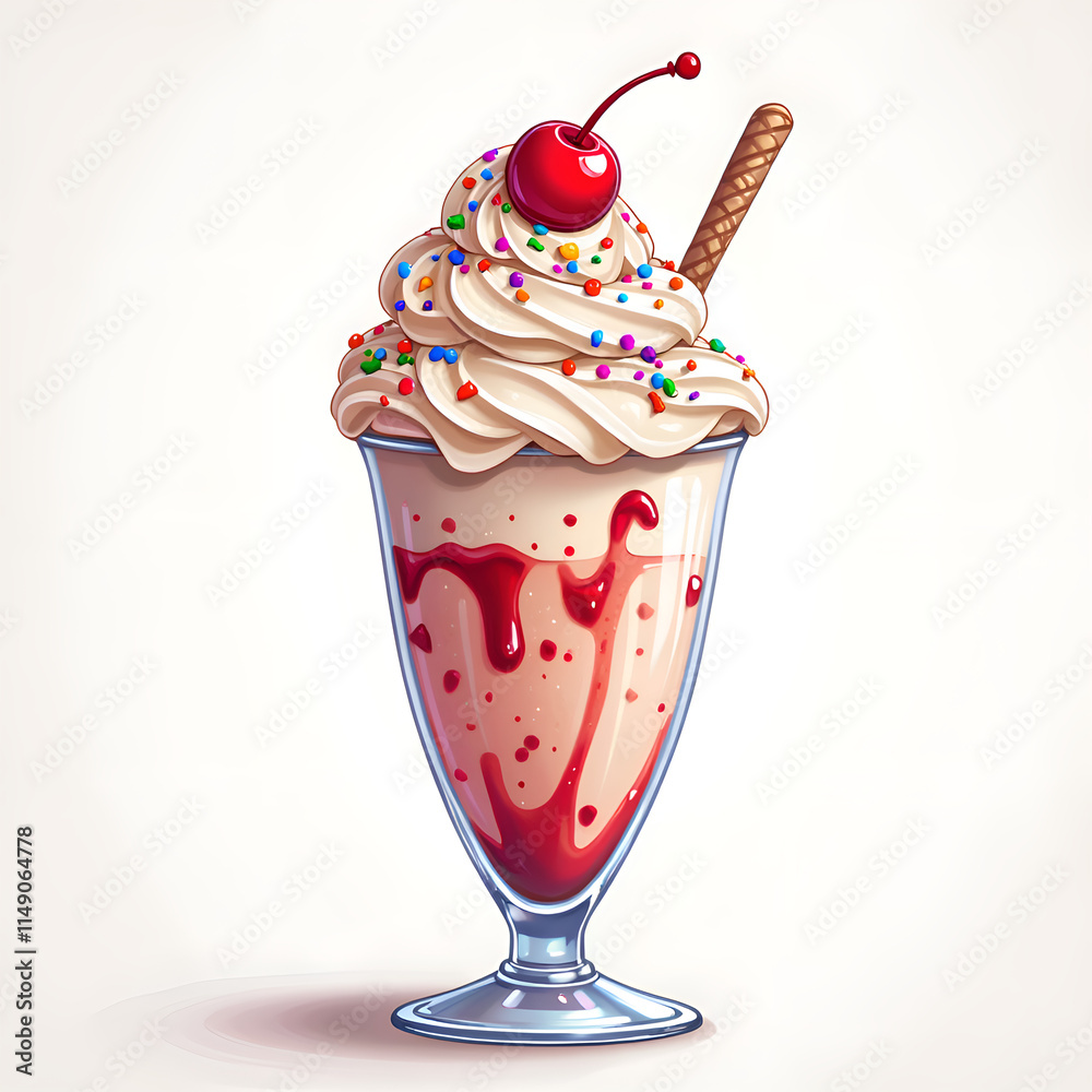 Indulgent ice cream sundae with whipped cream, cherry, and colorful sprinkles in a tall glass, digital art of food illustration concept.