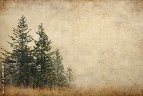 A vintage-style foggy landscape with evergreen trees on a textured aged background creating a nostalgic and atmospheric natural scene  
 photo