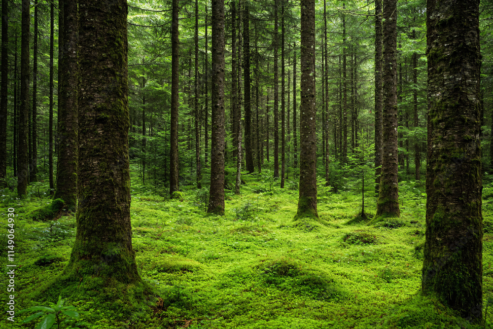 A tranquil dense forest scene featuring tall trees with lush green moss covering the forest floor under soft natural light
A tranquil dense forest scene featuring tall trees with lush green moss covering the forest floor under soft natural light