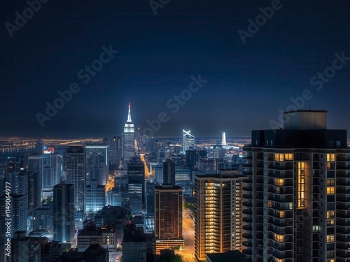 A modern luxury apartment in a sleek condo building, illuminated and highlighted in the evening, apartment, luxury