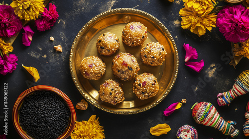 Lohri, Makarsakranti, Indian Festival, Traditional Indian Til Laddu with black Til and Marigold Decoration photo