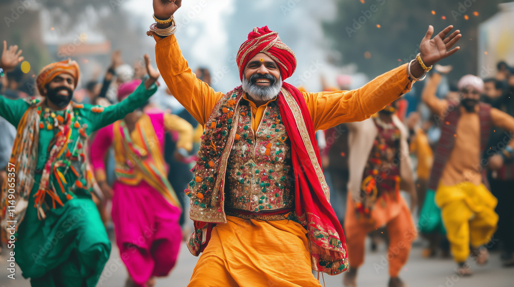 Naklejka premium Lohri, Makarsakranti, Indian Festival, Indian Man Dancing Joyfully in Traditional Attire with Friends