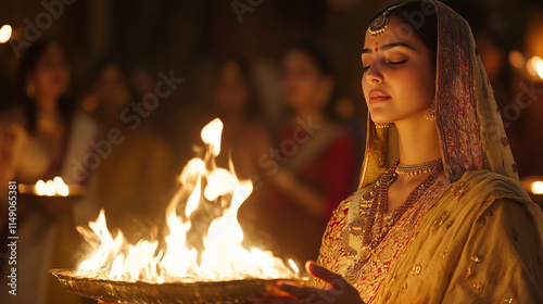Lohri, Makarsakranti, Indian Festival, Indian Woman in Traditional Attire Holding a Brass Bowl with Fire photo